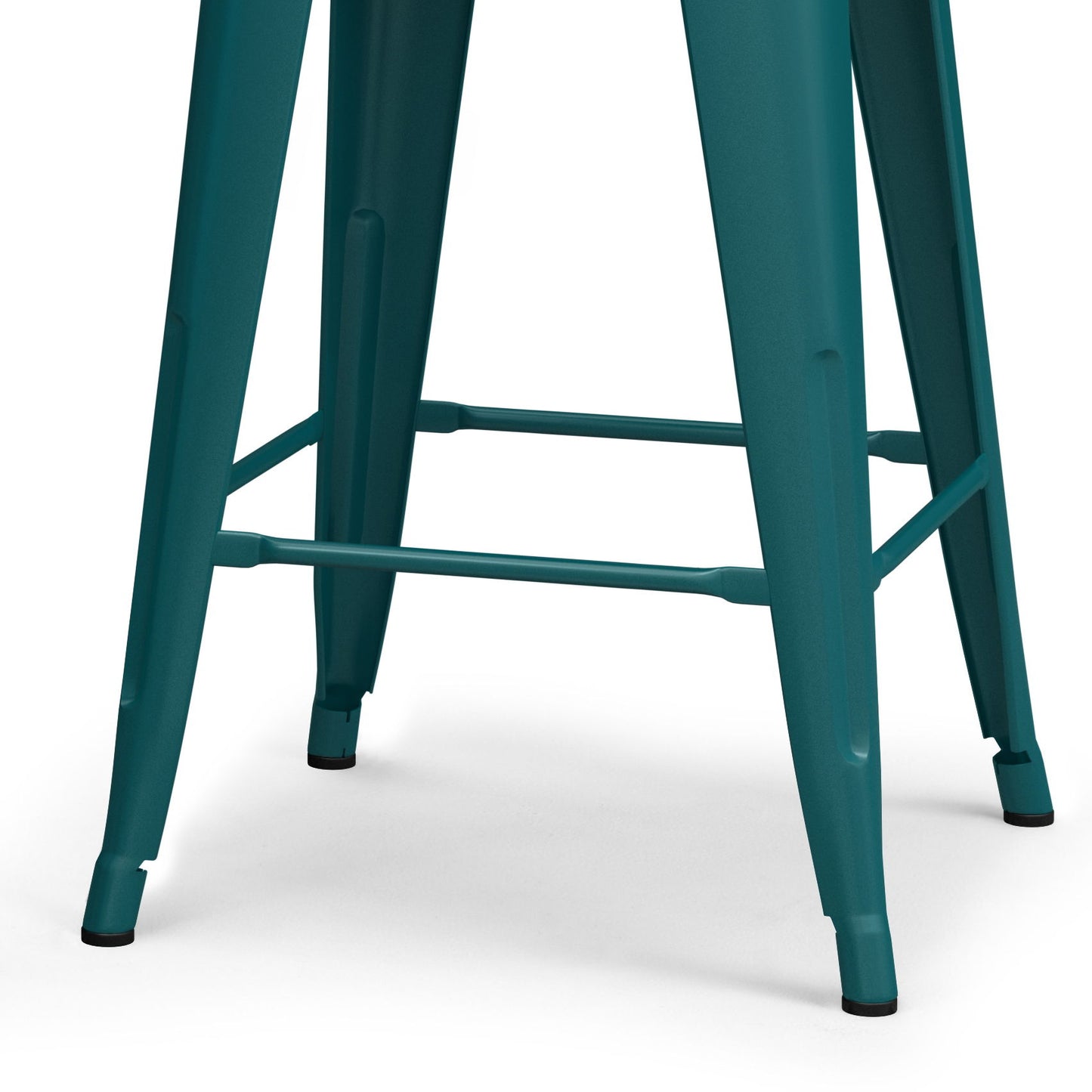 Close-up of the lower legs and footrests of the Rayne - Multifunctional Metal Stool in teal, shown on a white background. This stool features black protective caps on the feet and boasts a simple, industrial design.
