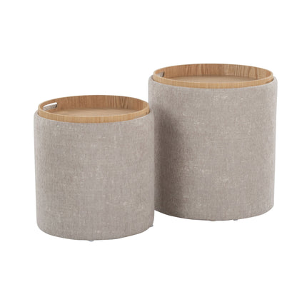 The Tray - Contemporary Nesting Ottoman Set features two round, beige fabric ottomans of different sizes with removable light wood lids, shown side by side on a plain white background.