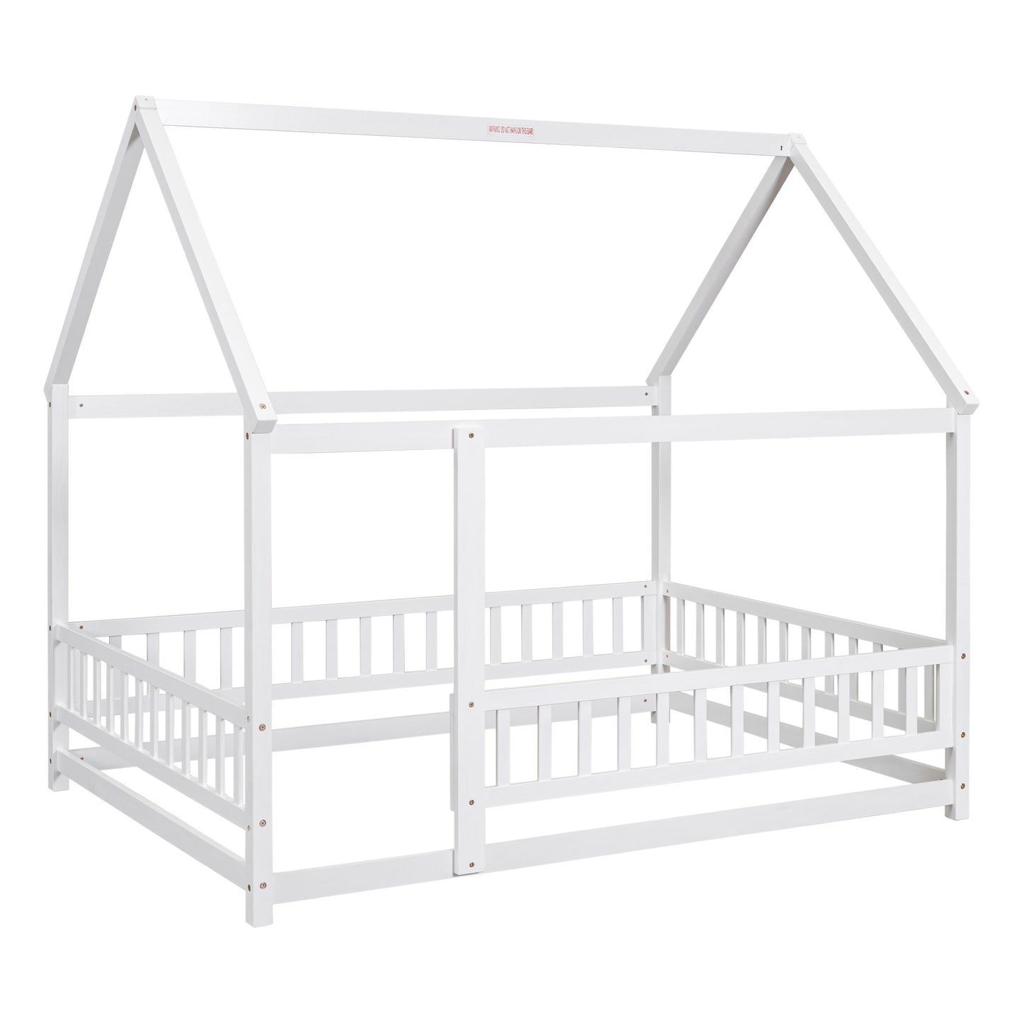 The Floor Wooden Bed With House Roof Frame features a white wooden design with a peaked roof, open sides, and short fence guardrails around the base.