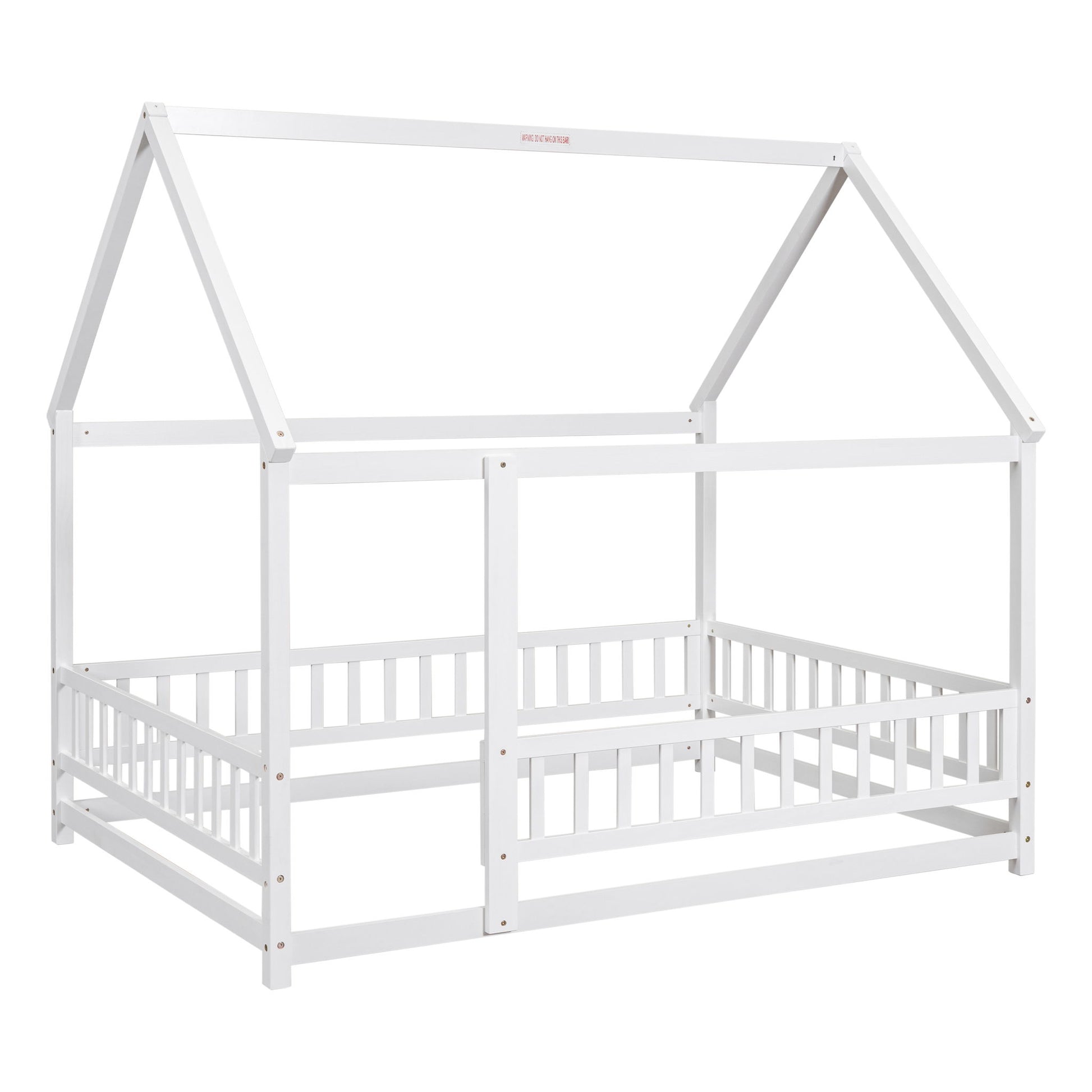 The Floor Wooden Bed With House Roof Frame features a white wooden design with a peaked roof, open sides, and short fence guardrails around the base.