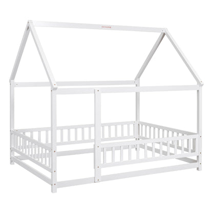 The Floor Wooden Bed With House Roof Frame features a white wooden design with a peaked roof, open sides, and short fence guardrails around the base.