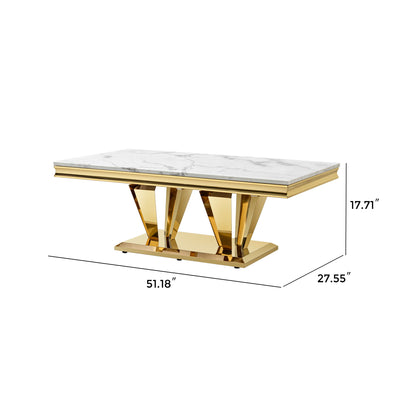 Modern Rectangular Coffee Table With Marble Pattern Top, Stainless Steel Base - Gold