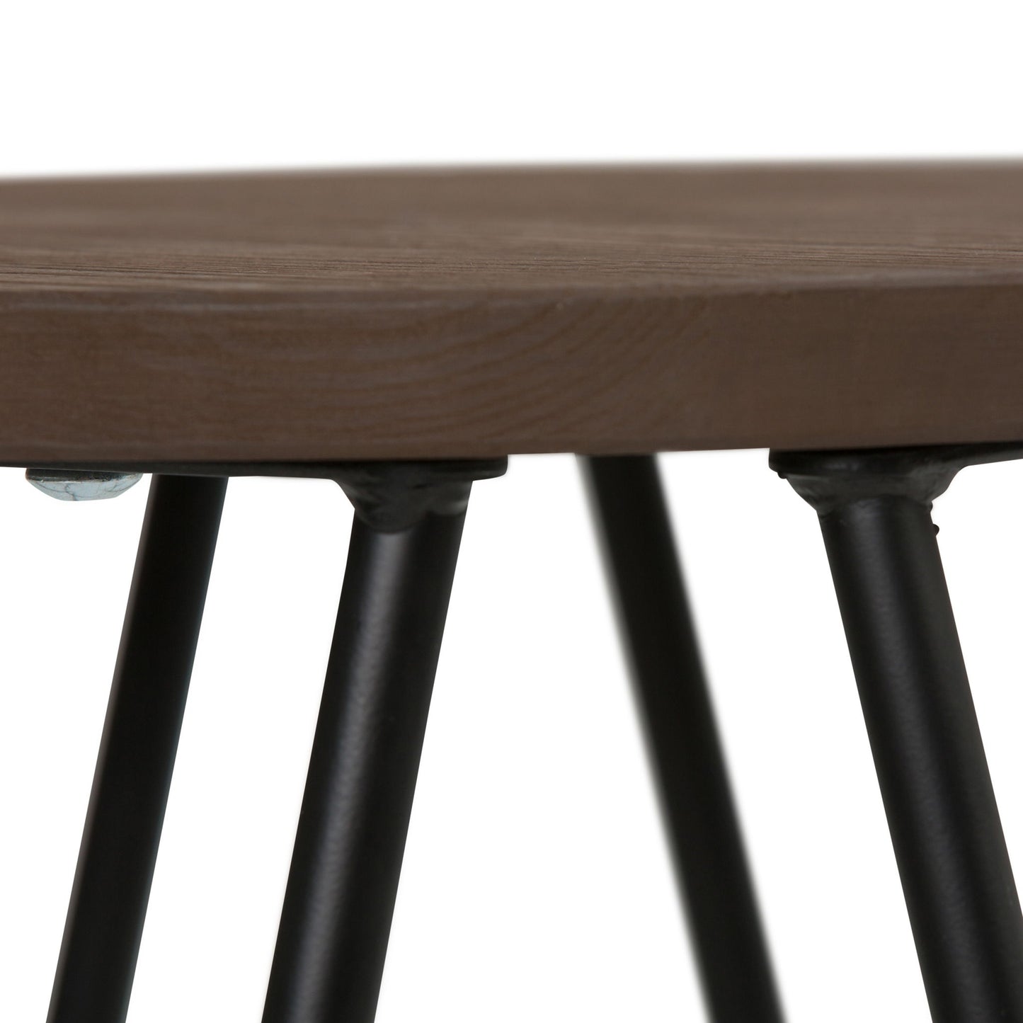 Close-up of the Simeon - Multifunctional Metal Stool With Wood Seat, highlighting the round wooden seat and the black metal legs securely attached underneath at key connection points.