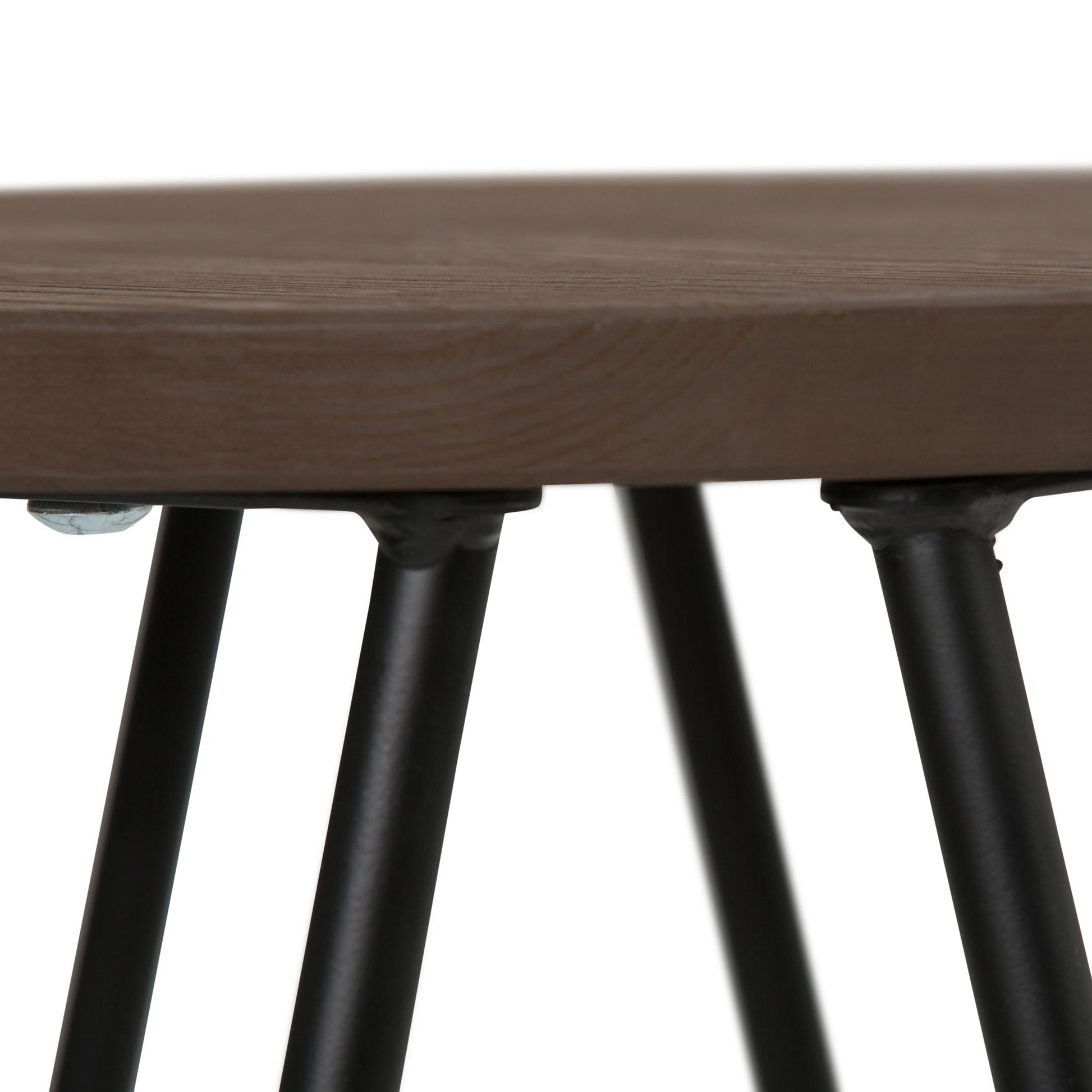 Close-up of the Simeon - Multifunctional Metal Stool With Wood Seat, highlighting the round wooden seat and the black metal legs securely attached underneath at key connection points.