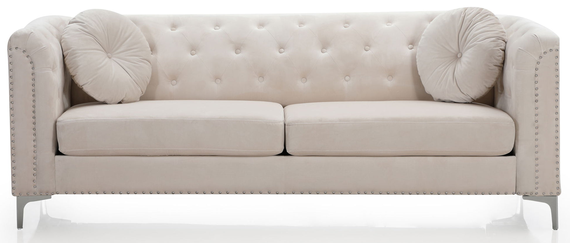 The Elegant Contemporary Sofa features light beige velvet upholstery, tufted design, two round cushions, metal legs, and nailhead trim on the armrests and base.