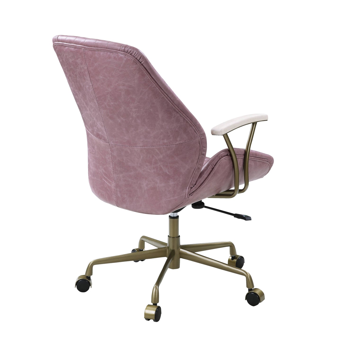 The Hamilton Top Grain Leather Office Chair is pink, featuring a high backrest, armrests, and a brass-colored metal base with five wheels for easy mobility.
