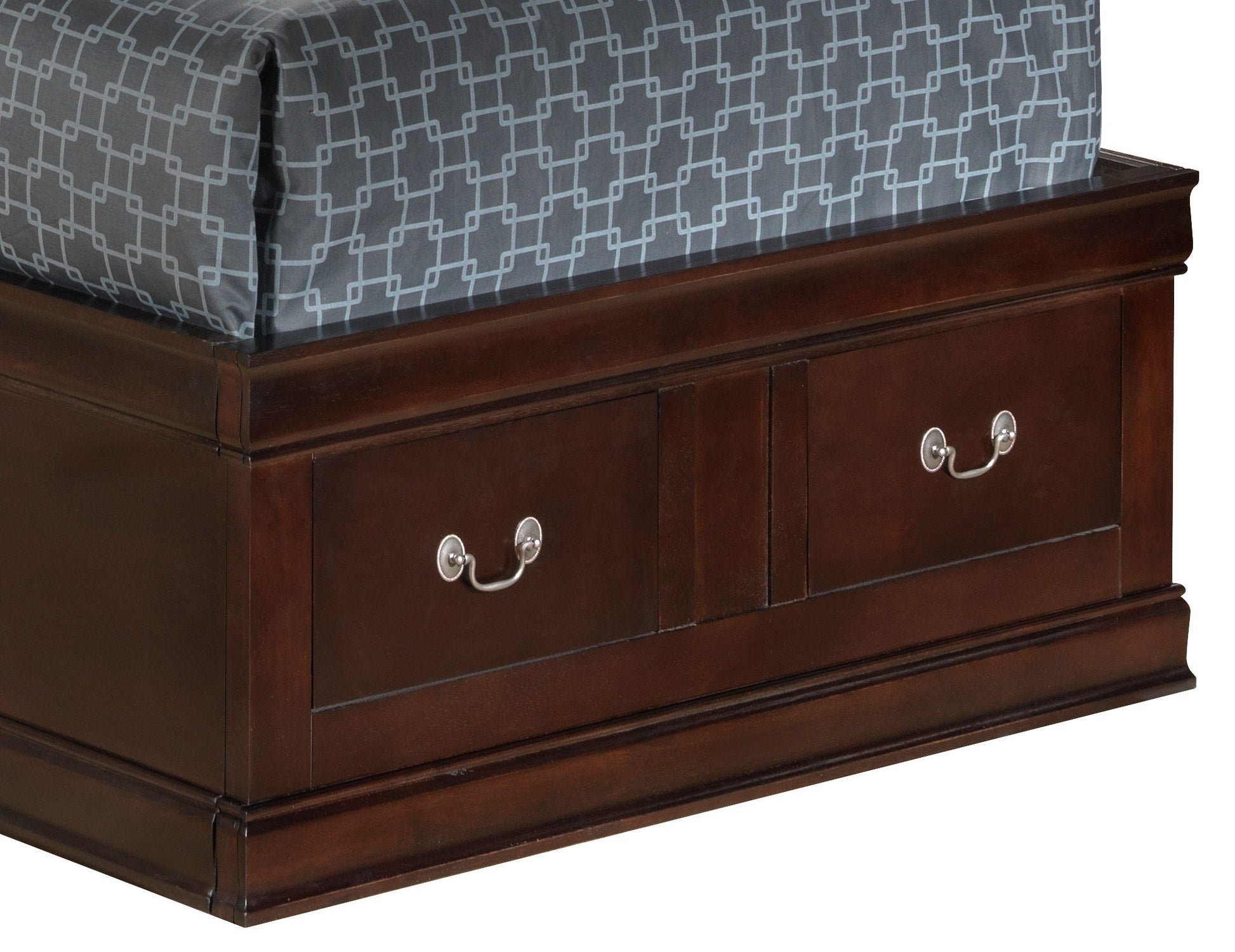 The Louis Phillipe Bookcase Storage Bed features a dark wood frame with built-in drawers accented by silver handles, topped with a mattress partially covered by a gray and white geometric patterned sheet.
