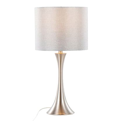 The Lenuxe - Contemporary Semi Gloss Table Lamp (Set of 2) features a slim, brushed metallic base, a cylindrical light grey fabric shade, and a white power cord. The background is plain white.