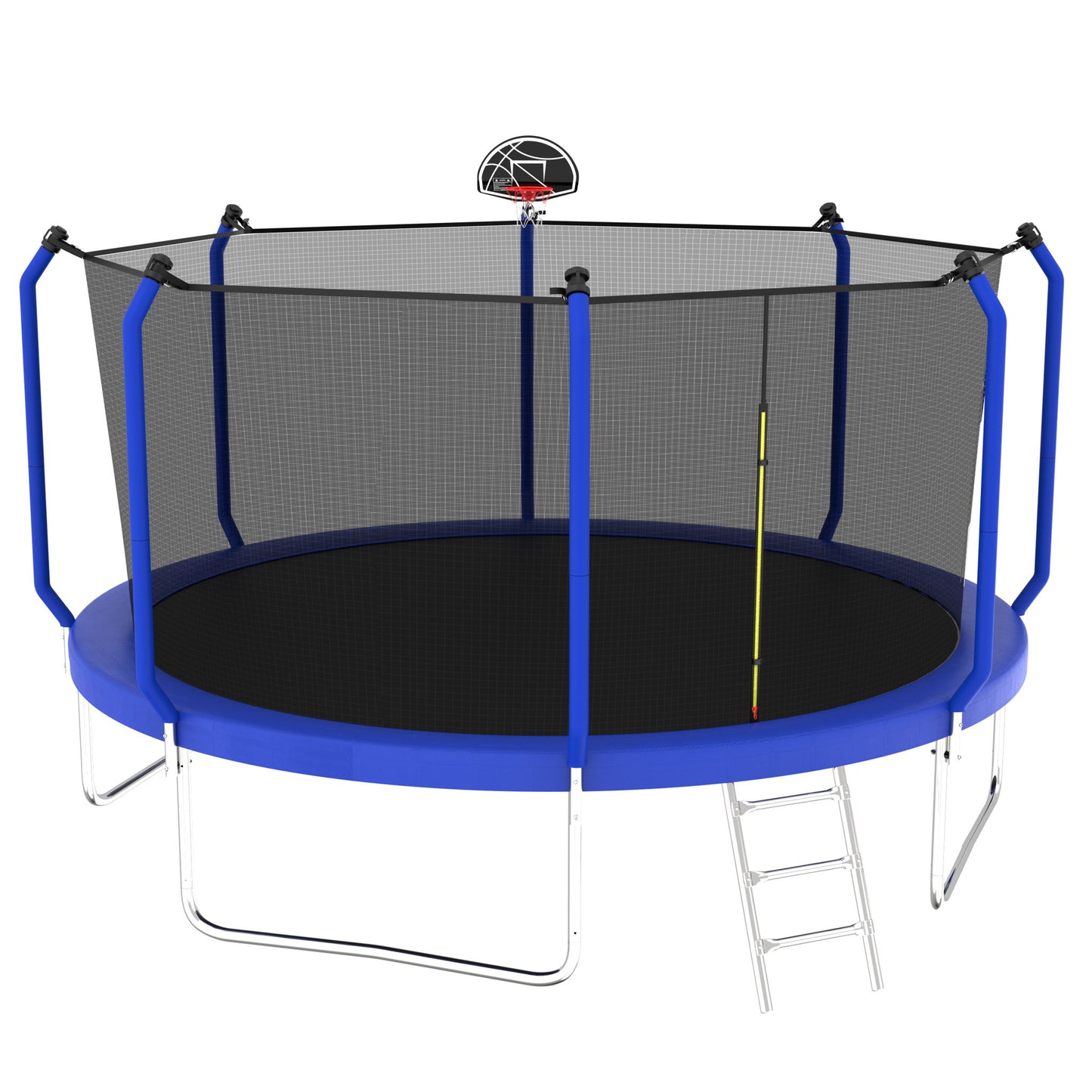 The Trampoline With Basketball Hoop, ASTM Approved Reinforced Type Outdoor Trampoline features a safety net enclosure, padded poles, silver metal ladder, and a small basketball hoop attached to the net, all set against a white background.