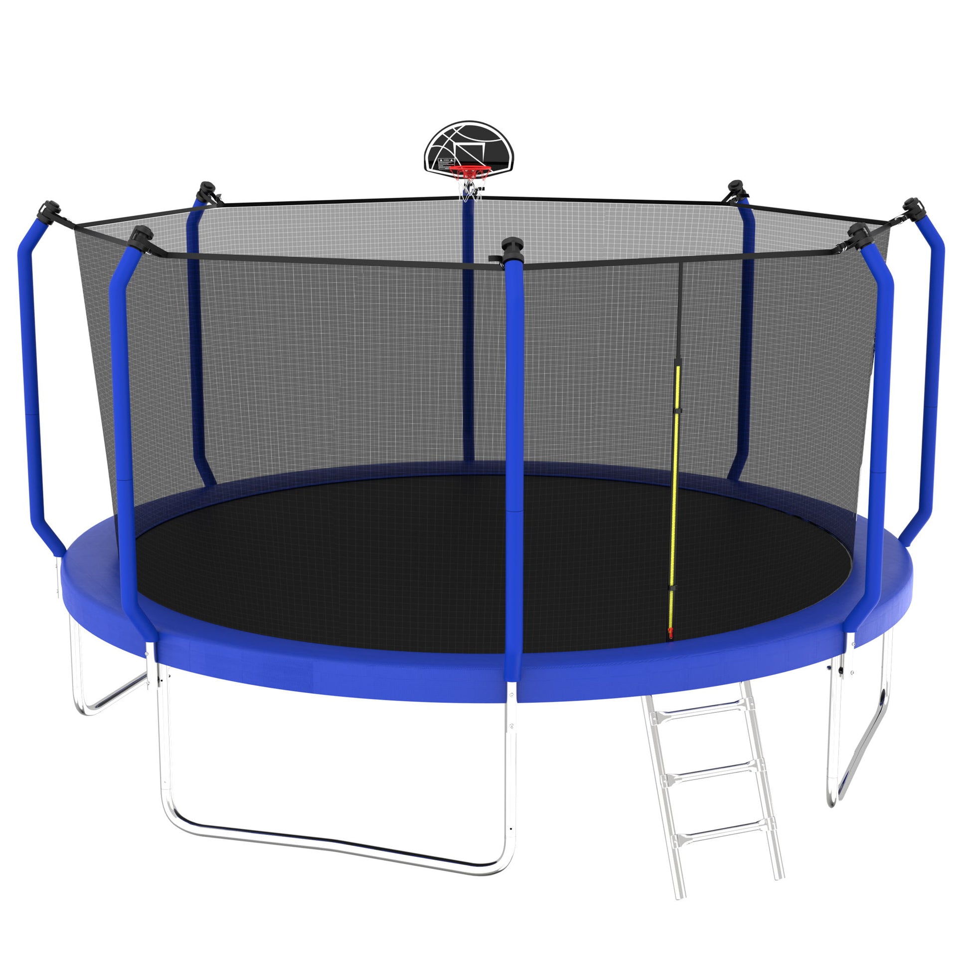 The Trampoline With Basketball Hoop, ASTM Approved Reinforced Type Outdoor Trampoline features a safety net enclosure, padded poles, silver metal ladder, and a small basketball hoop attached to the net, all set against a white background.