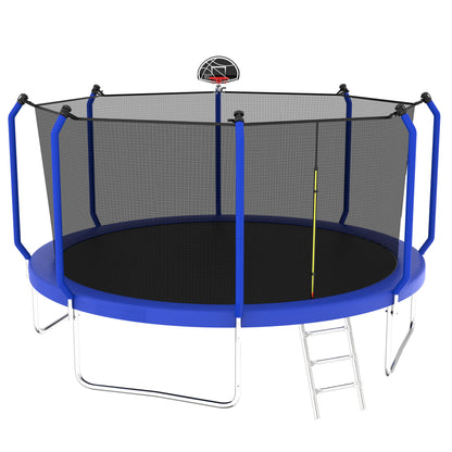 The Trampoline With Basketball Hoop, ASTM Approved Reinforced Type Outdoor Trampoline features a safety net enclosure, padded poles, silver metal ladder, and a small basketball hoop attached to the net, all set against a white background.