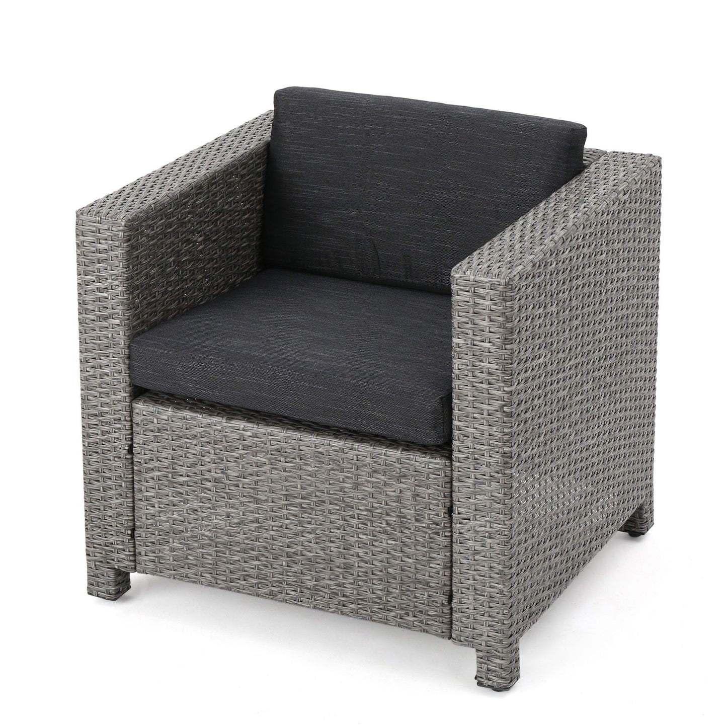 The Stylish Outdoor Club Chair features a square, grey wicker design with straight arms and back, plus dark grey weather-resistant seat and back cushions, displayed on a white background.