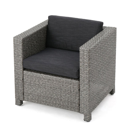 The Stylish Outdoor Club Chair features a square, grey wicker design with straight arms and back, plus dark grey weather-resistant seat and back cushions, displayed on a white background.