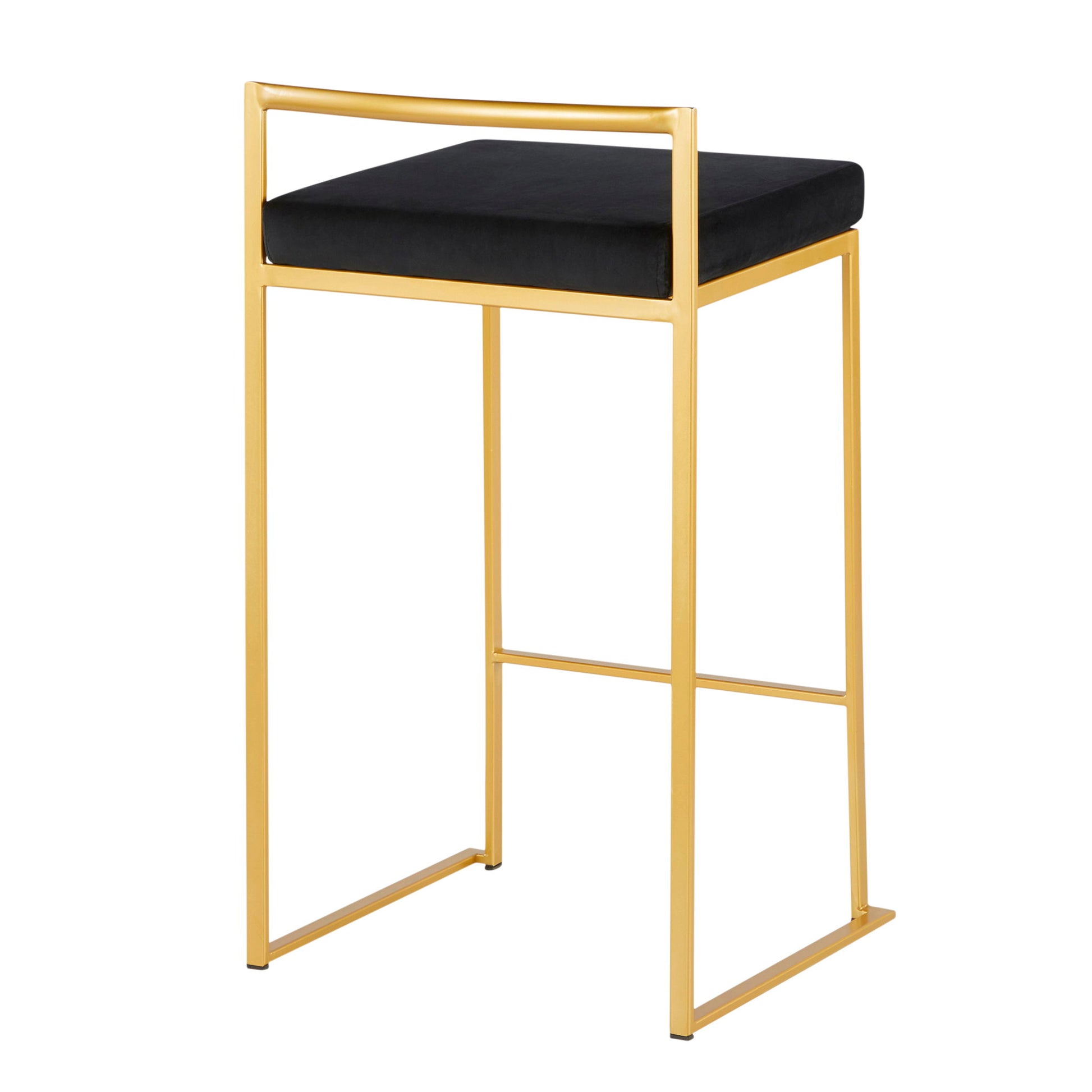 The Fuji Contemporary/Glam Counter Stool (Set of 2) features a gold metal frame, square black cushioned seat, and a minimal backrest with a single horizontal gold bar for modern style.
