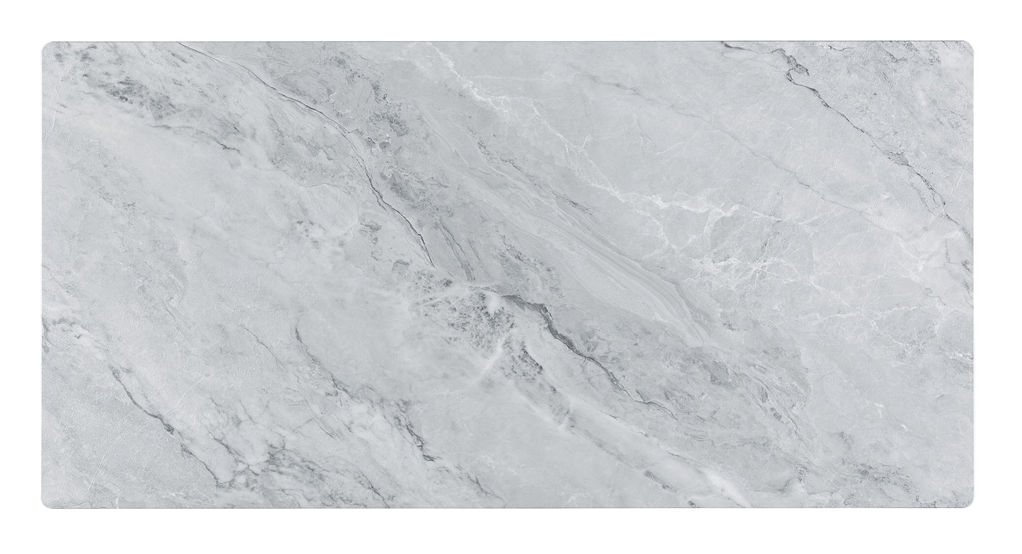 The Landon Coffee Table features a smooth, flat top with a glass marble texture showcasing natural, irregular white and dark gray veining, complemented by a stylish bent wood design.