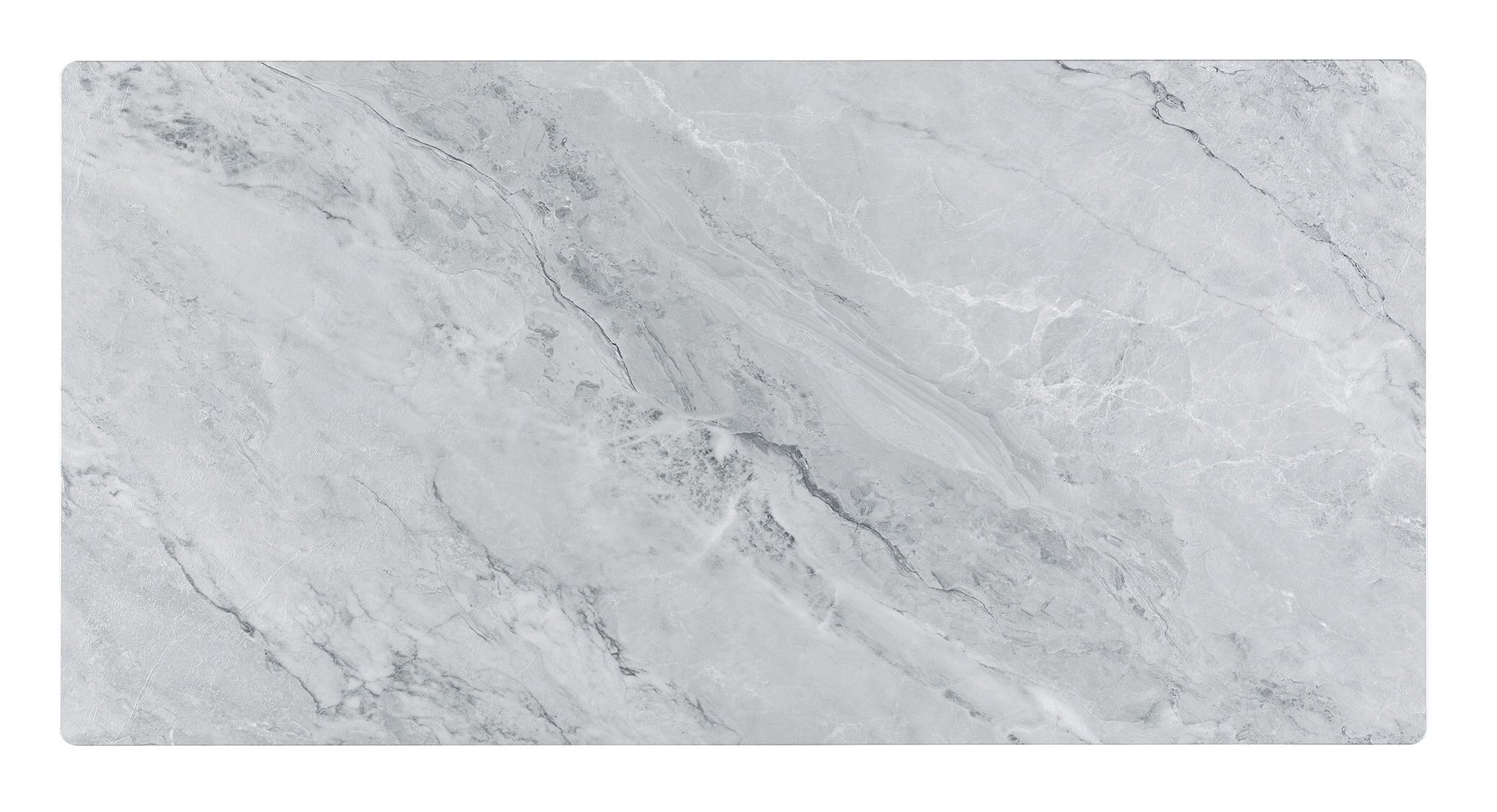 The Landon Coffee Table features a smooth, flat top with a glass marble texture showcasing natural, irregular white and dark gray veining, complemented by a stylish bent wood design.