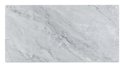 The Landon Coffee Table features a smooth, flat top with a glass marble texture showcasing natural, irregular white and dark gray veining, complemented by a stylish bent wood design.
