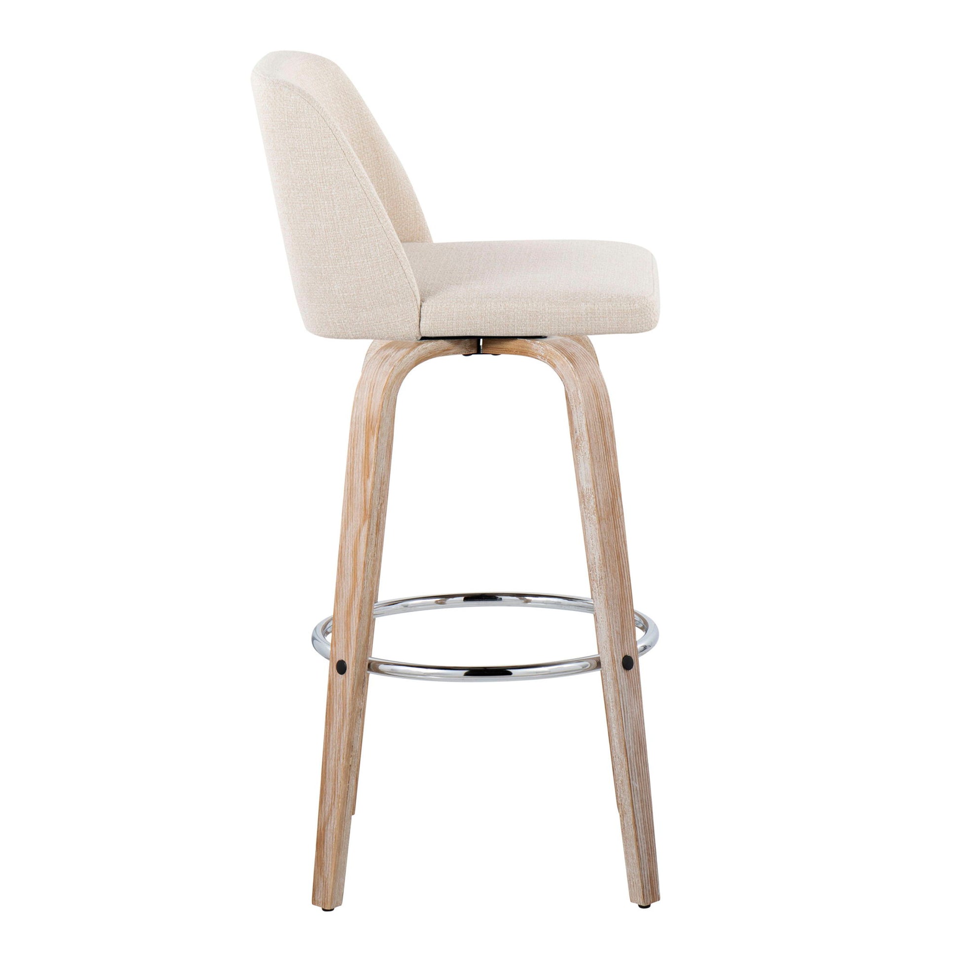 Side view of the Toriano Contemporary Fixed Height Barstool (Set of 2) with a swivel, light beige upholstered seat and backrest, four light wood legs, and a round chrome footrest.