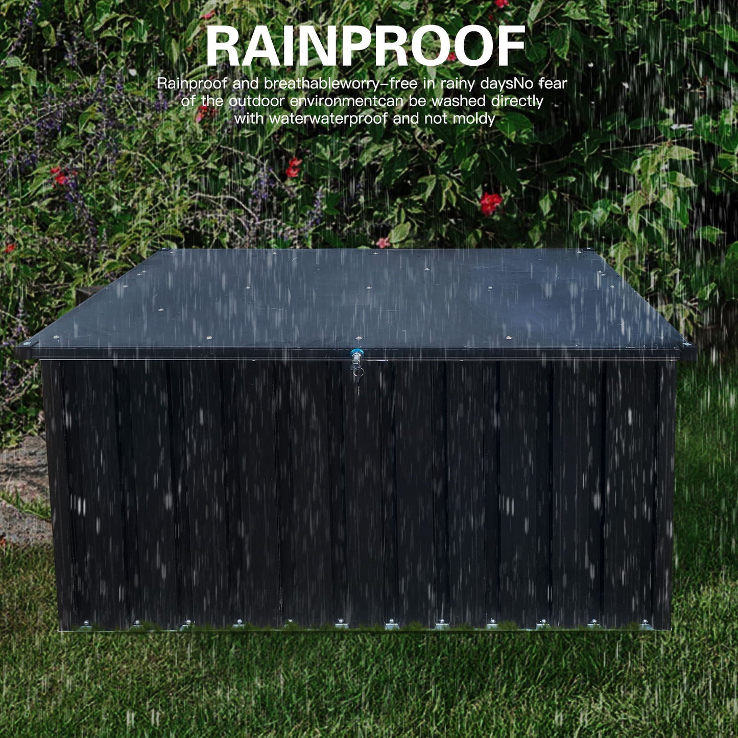 The Metal Storage Box Store Small - Black sits in a garden as rain falls. It’s rainproof, breathable, washable, waterproof, and resists mold, making it ideal for rainy days.