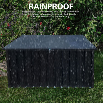 The Metal Storage Box Store Small - Black sits in a garden as rain falls. It’s rainproof, breathable, washable, waterproof, and resists mold, making it ideal for rainy days.
