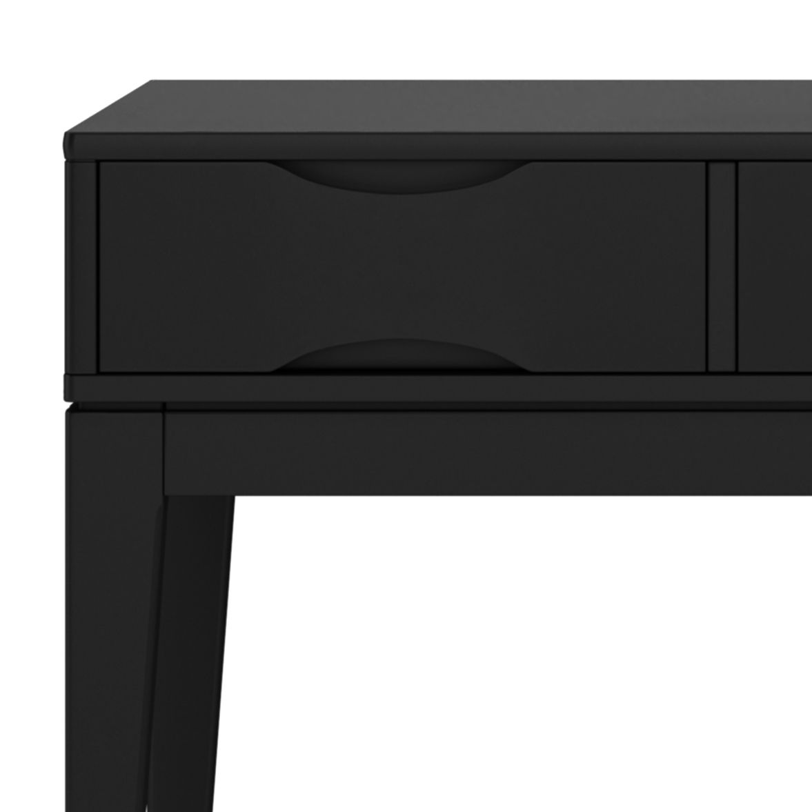 A close-up of the Harper - Handcrafted Console Sofa Table, featuring black wood, one drawer with a curved handle, straight legs, and a sleek, minimal design.