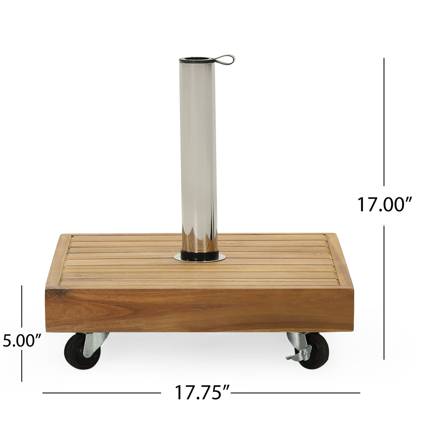 The Ralph - Square Umbrella Base - Teak features a sturdy teak build, central stainless steel pole holder, four caster wheels, and measures 17.75" wide, 17" tall, and 5" thick.