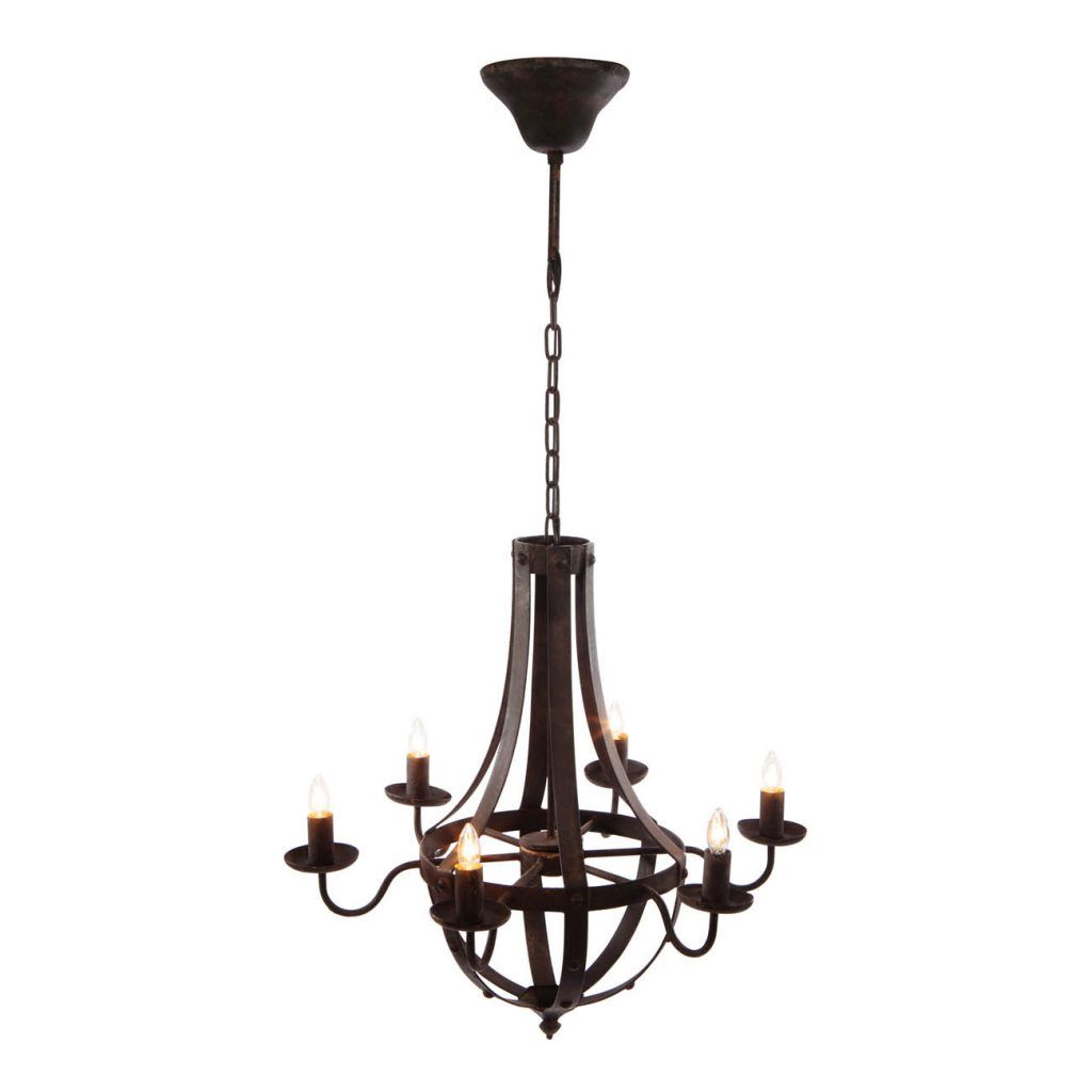 The 6 Light Metal Chandelier in black features curved arms and a rustic vintage design, hangs from an adjustable chain, and requires six candle-shaped bulbs (not included)—perfect as a kitchen ceiling fixture.