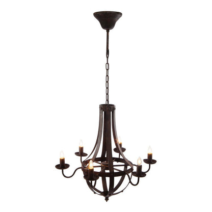 The 6 Light Metal Chandelier in black features curved arms and a rustic vintage design, hangs from an adjustable chain, and requires six candle-shaped bulbs (not included)—perfect as a kitchen ceiling fixture.