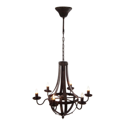 The 6 Light Metal Chandelier in black features curved arms and a rustic vintage design, hangs from an adjustable chain, and requires six candle-shaped bulbs (not included)—perfect as a kitchen ceiling fixture.