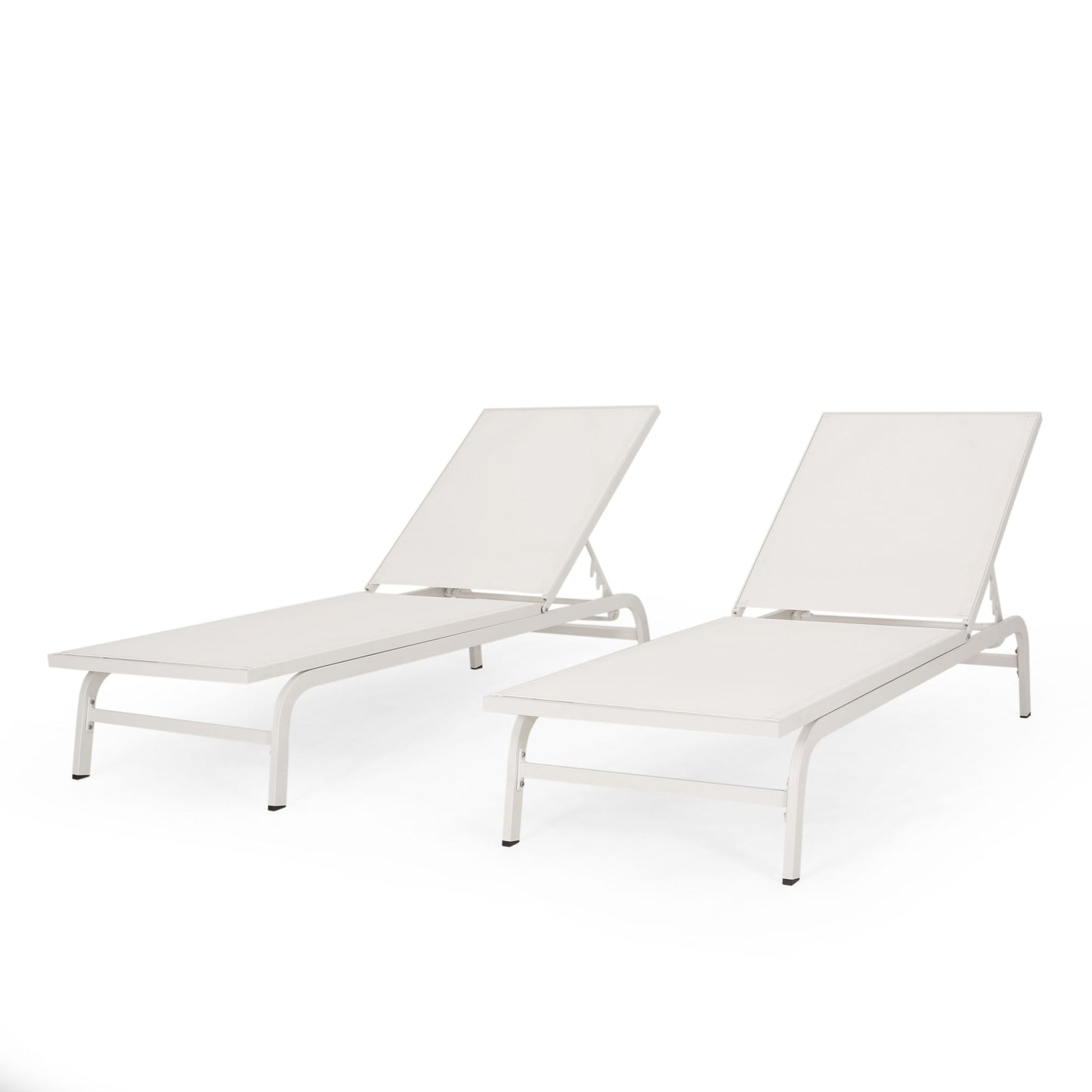 Two Finn contemporary white outdoor chaise lounge chairs with adjustable backrests, arranged side by side against a white background.