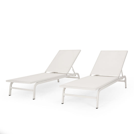 Two Finn contemporary white outdoor chaise lounge chairs with adjustable backrests, arranged side by side against a white background.