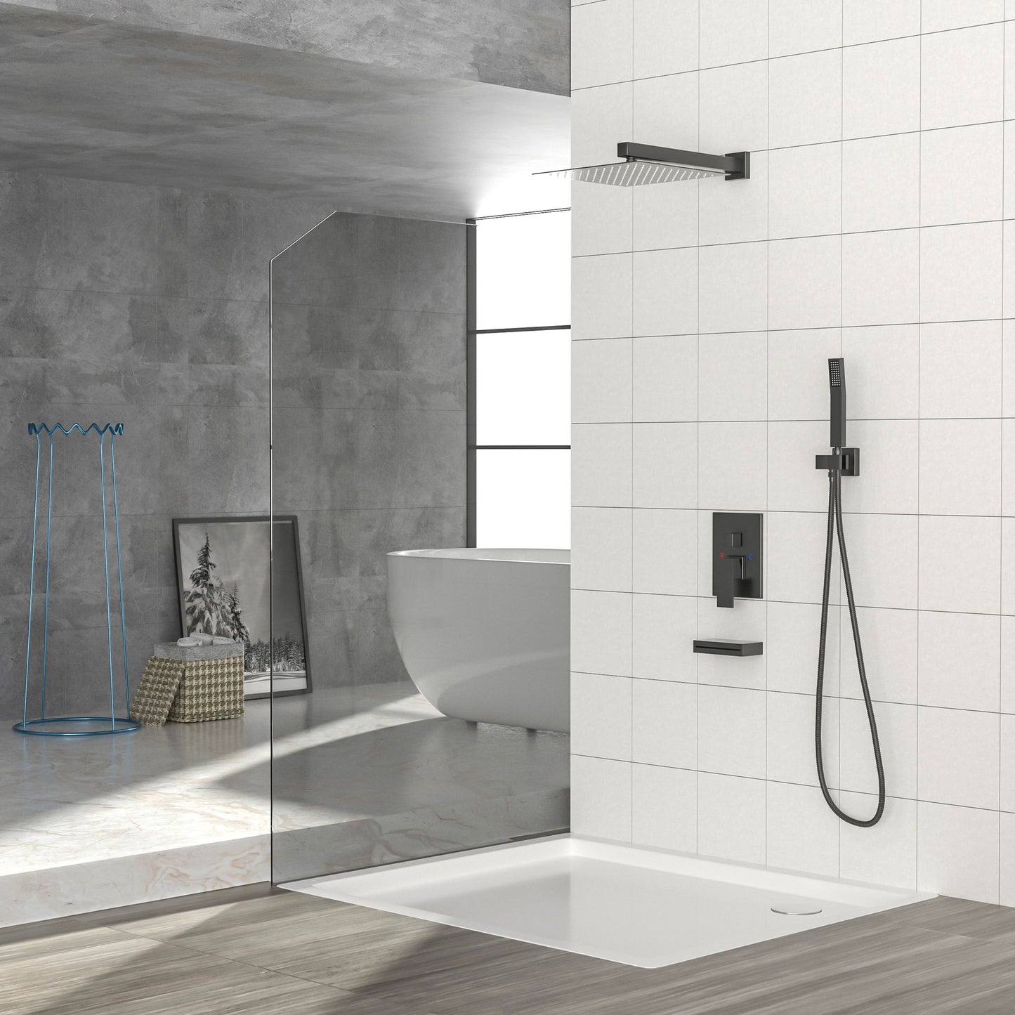 Wall Mounted Square Shower System With Waterfall Tub Spout And Rough In Valve - Matte Black