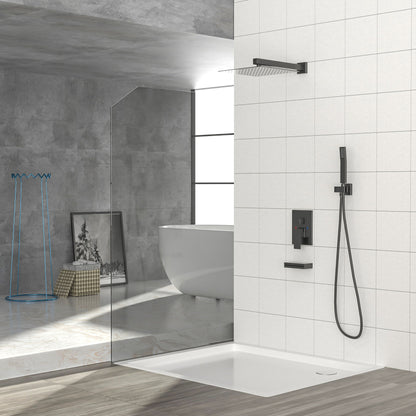 Wall Mounted Square Shower System With Waterfall Tub Spout And Rough In Valve - Matte Black