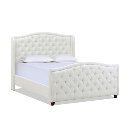 The Marcella - Upholstered Shelter Headboard Bed Set features a white tufted headboard and footboard with button details, white bedding, two pillows, and dark wooden legs.
