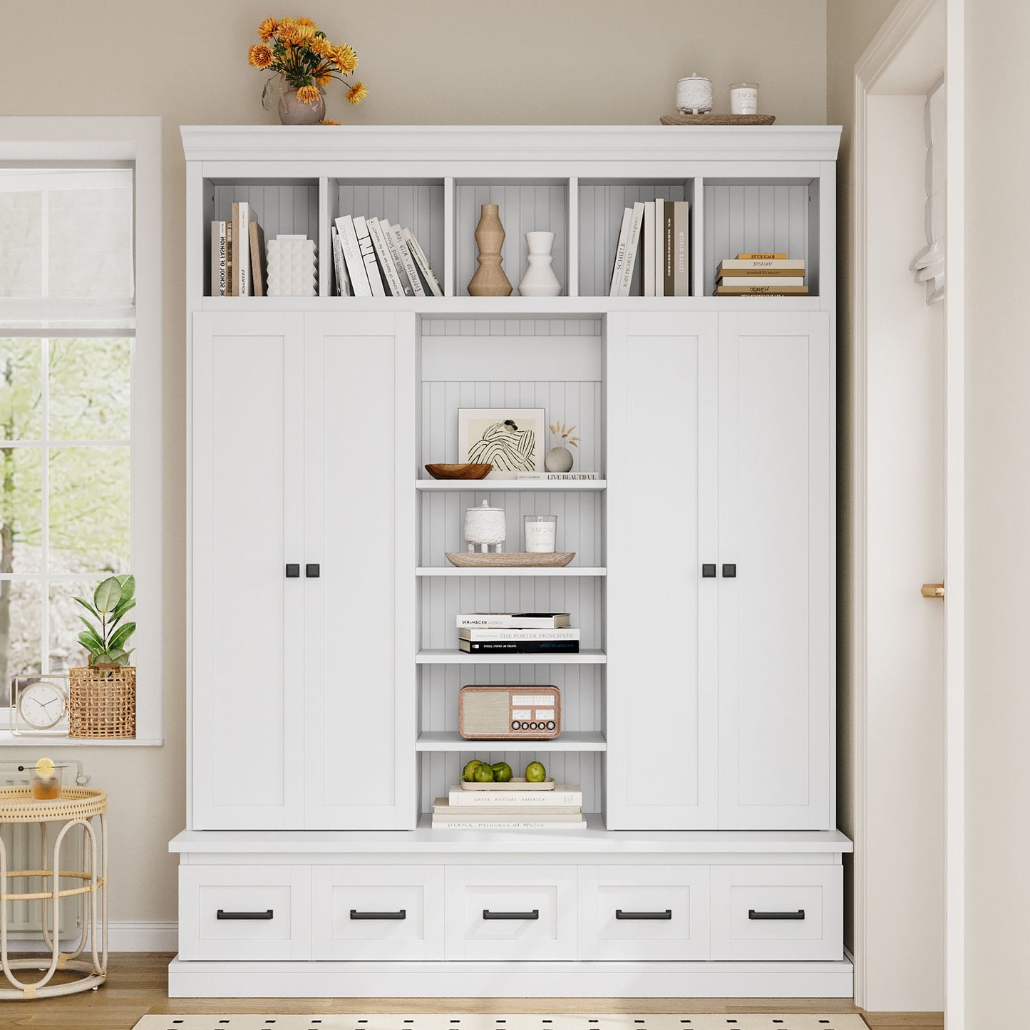 Hall Tree With Bench And 5 Storage Cubbies, Modern Entryway Storage Organizer Cabinet With 4 Doors, 5 Drawers And Adjustable Shelves For Hallway, Entryway, Living Room - White