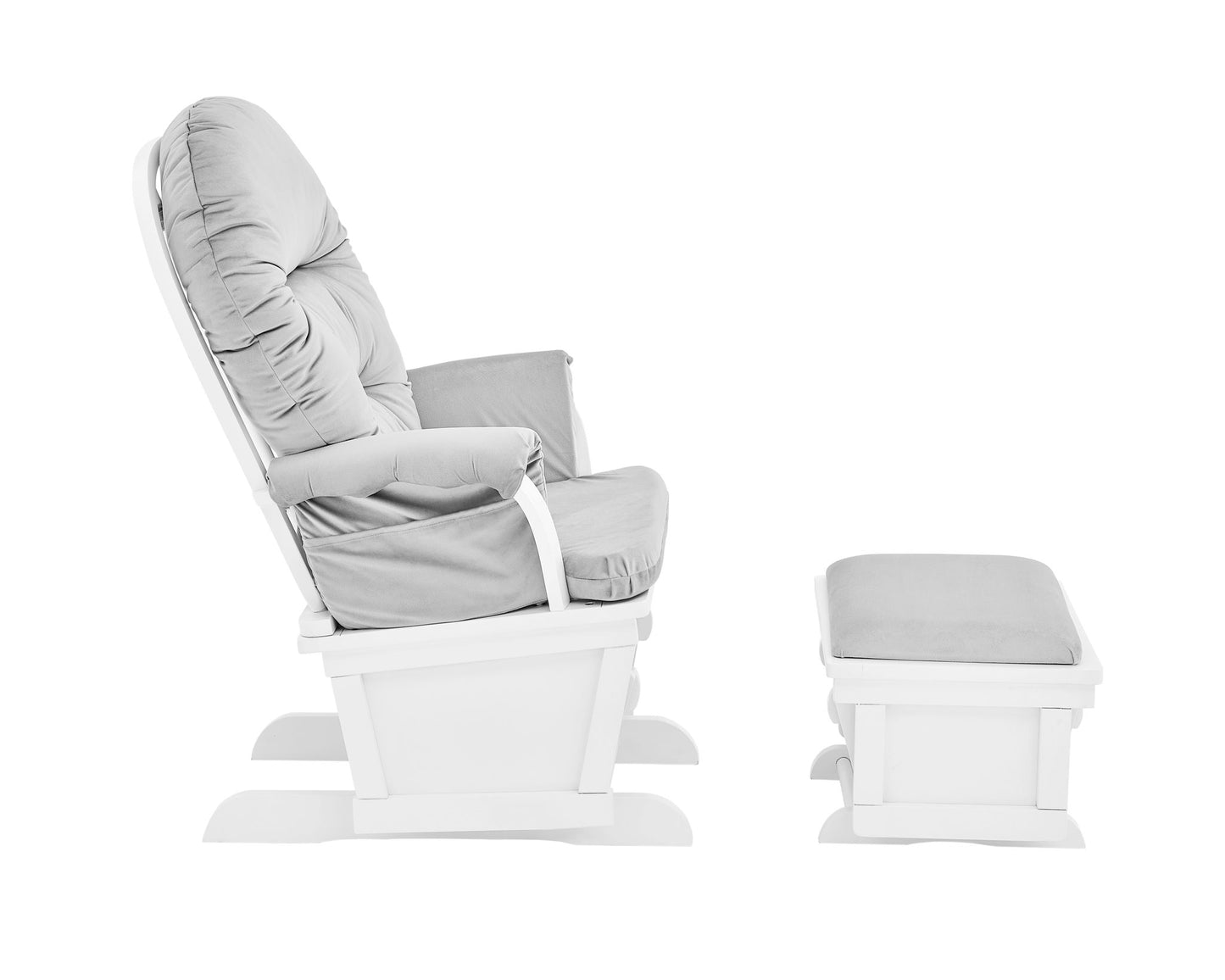 The Madison - Glider & Ottoman - White Base features a cushioned glider chair and matching footstool, both with white frames and light gray upholstery, shown from the side against a plain white background.