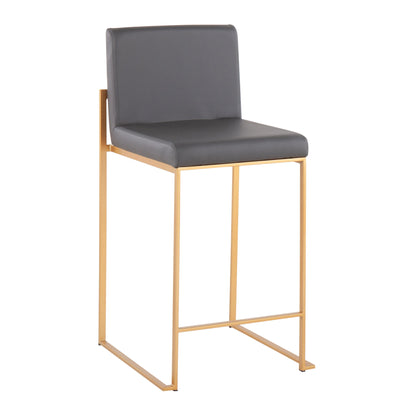 The Fuji Contemporary High Back Counter Stool features a sleek gold metal frame with a dark gray cushioned seat and backrest for modern style.