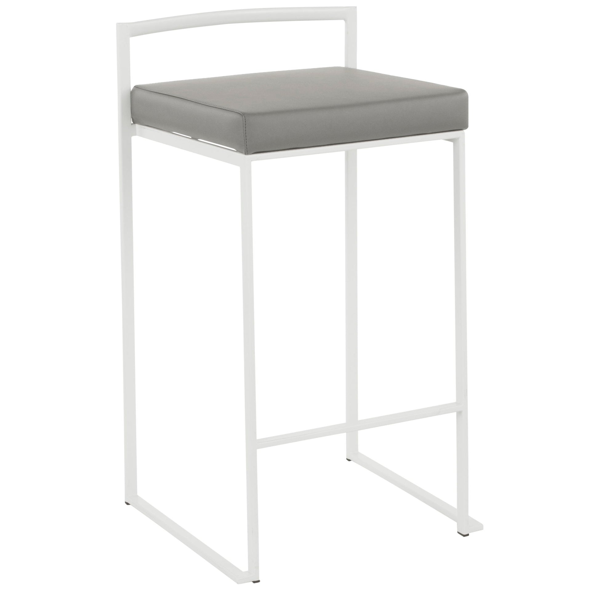 The Fuji - Simple Elegance, Contemporary Stackable Counter Stool features a white metal frame, a square gray cushioned seat, and a backless minimalist design with clean straight lines.
