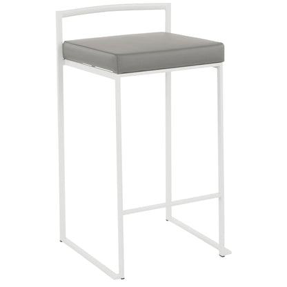 The Fuji - Simple Elegance, Contemporary Stackable Counter Stool features a white metal frame, a square gray cushioned seat, and a backless minimalist design with clean straight lines.