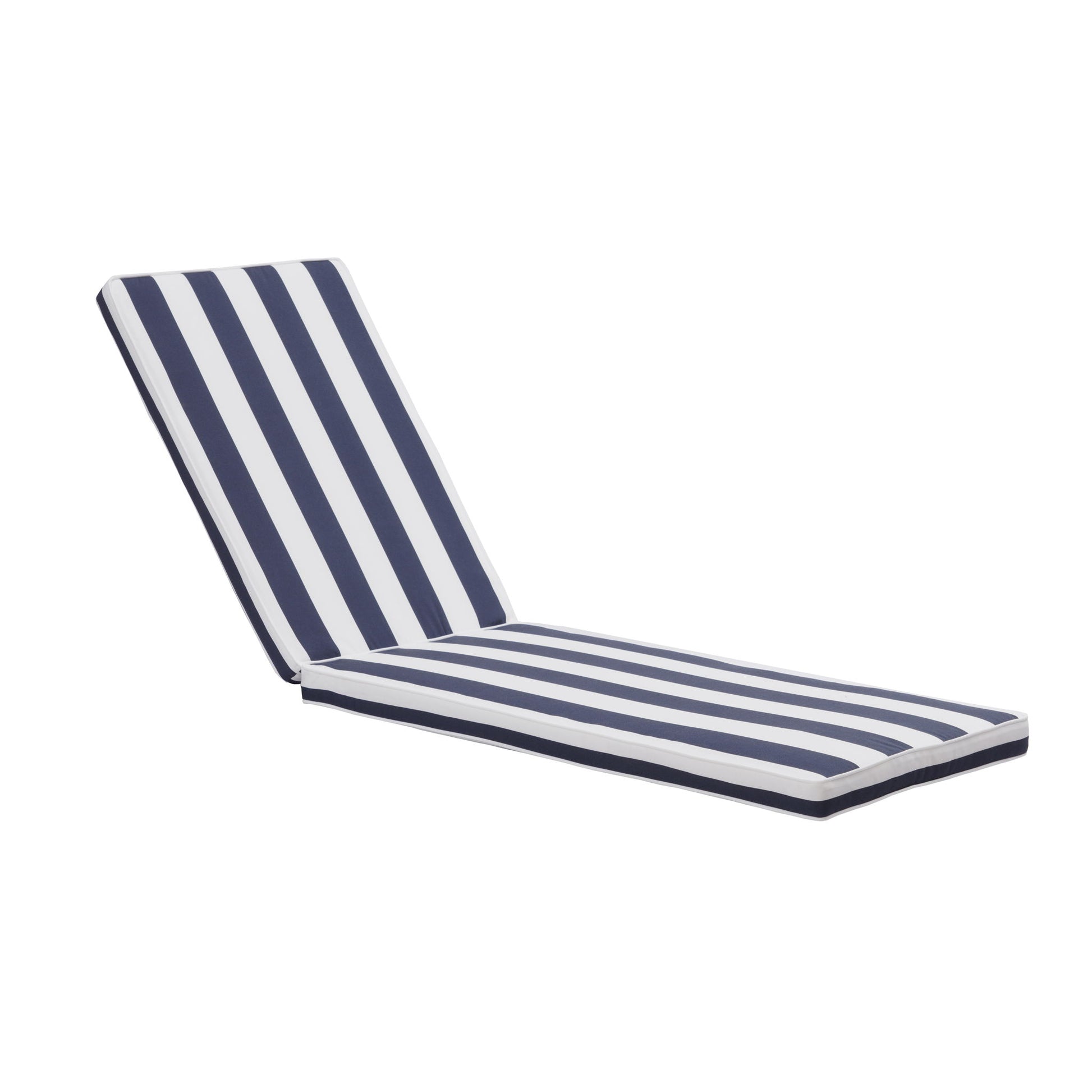 A blue and white striped Outdoor Lounge Chair Cushion Replacement, designed for patio chaise lounges with an elevated backrest, shown against a white background.
