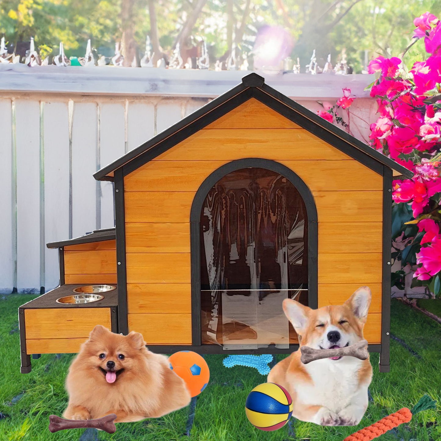 The Xpt088 Wearable And Strong Dog House For Playground - Natural stands in a yard near a white fence and pink flowers. A Pomeranian and Corgi with bones play amid colorful dog toys and food bowls scattered on the left.