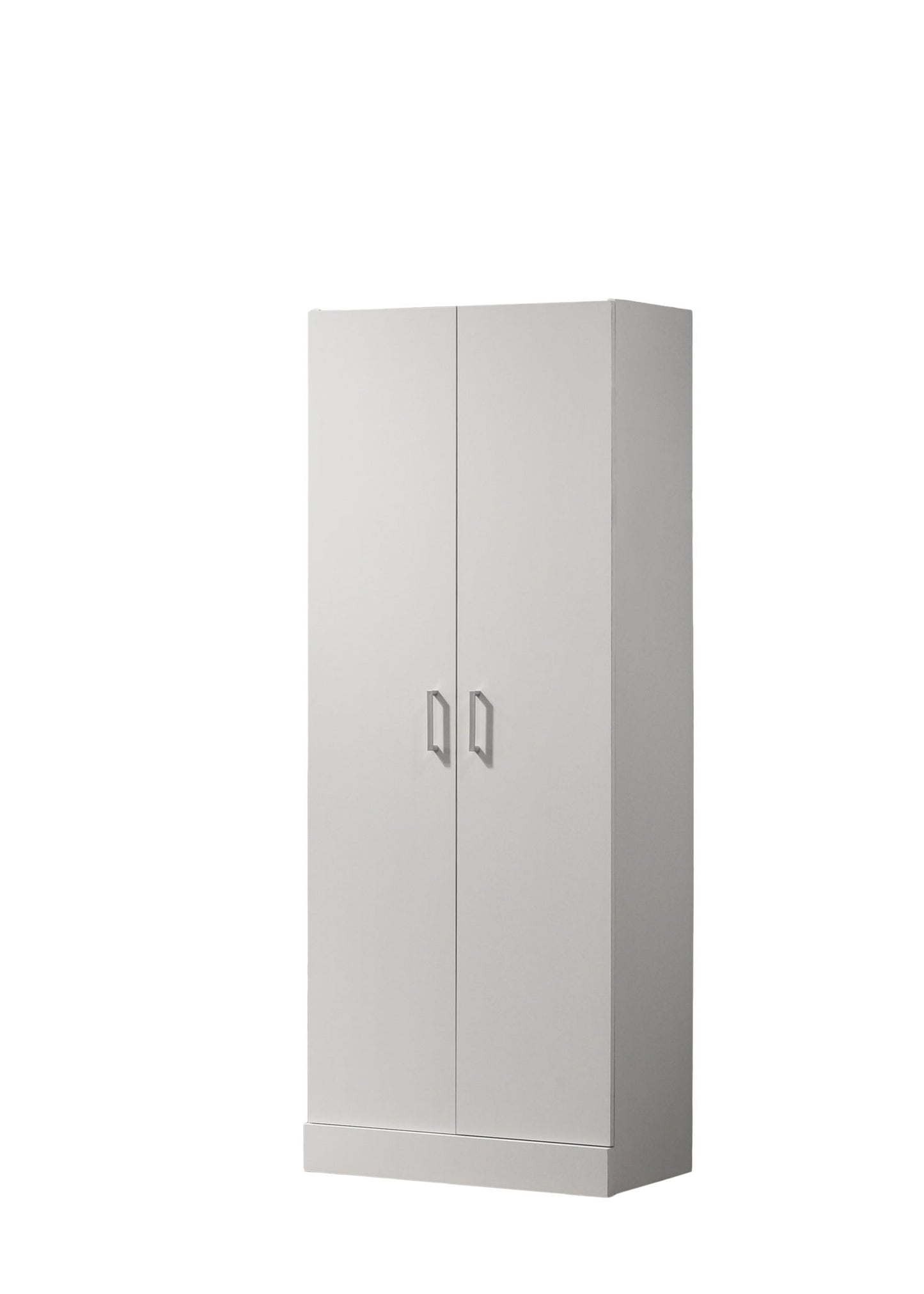 The Alara Height Simplistic Modern Double Door Storage Cabinet in white features silver handles and a sleek design, standing upright against a white background.