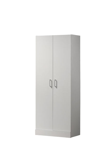 The Alara Height Simplistic Modern Double Door Storage Cabinet in white features silver handles and a sleek design, standing upright against a white background.