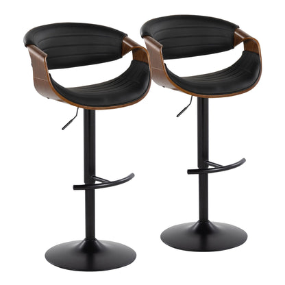 Set of 2 Symphony Mid-Century Modern adjustable barstools with black padded seats, walnut curved backs, metal swivel bases, rounded T footrests, and height-adjustment levers in black/walnut/black finish.