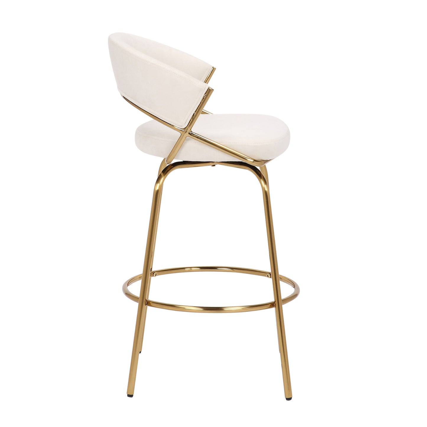 The Jie - Glam Fixed Height Counter Stool (Set of 2) features a white cushioned seat and backrest, supported by a sleek gold metal frame with a circular footrest, shown from the side.