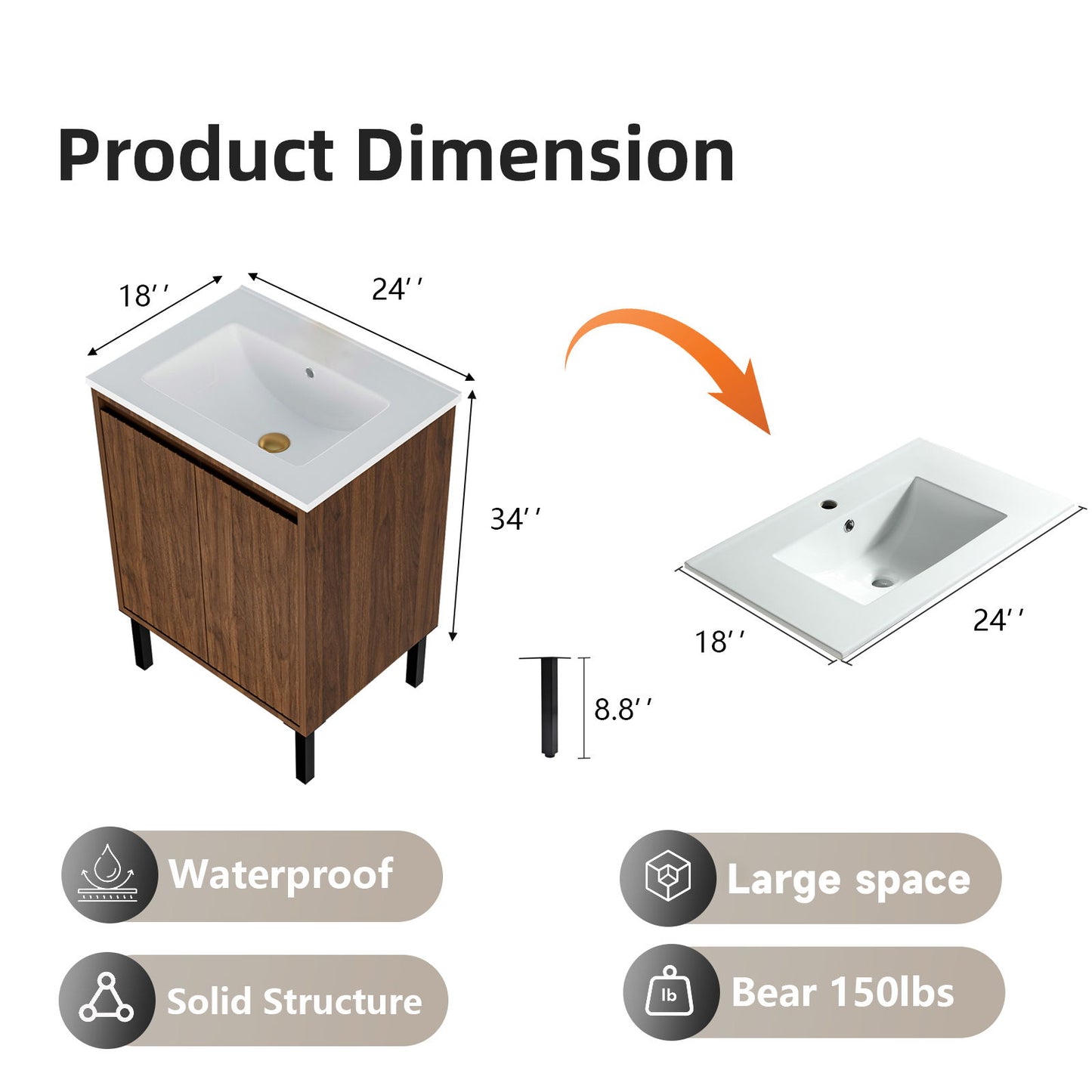 Bathroom Vanity With Ceramic Sink, Floor-Standing Design, Soft-Closing Drawers
