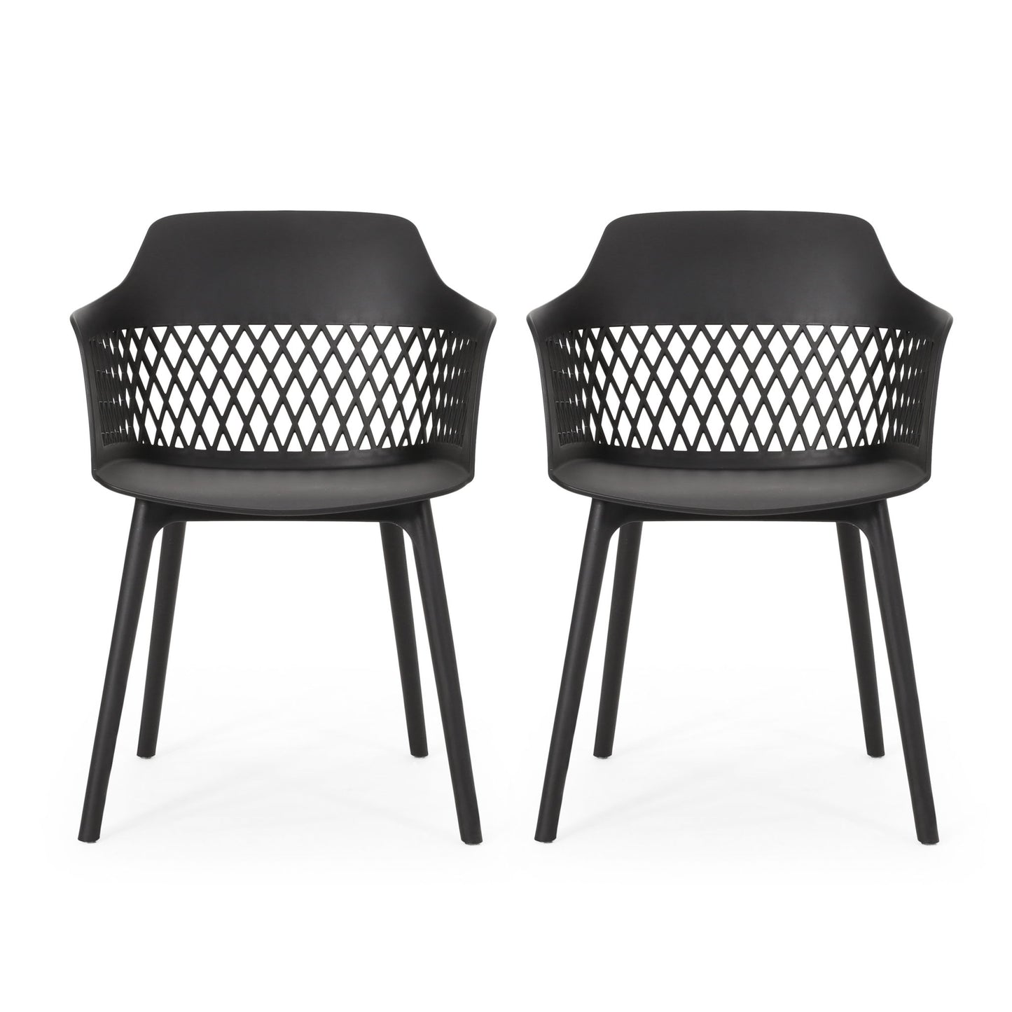 The Azalea Chair (Set of 2) features modern black plastic chairs with open-weave lattice backs, armrests, and four straight legs, shown side by side on a white background.