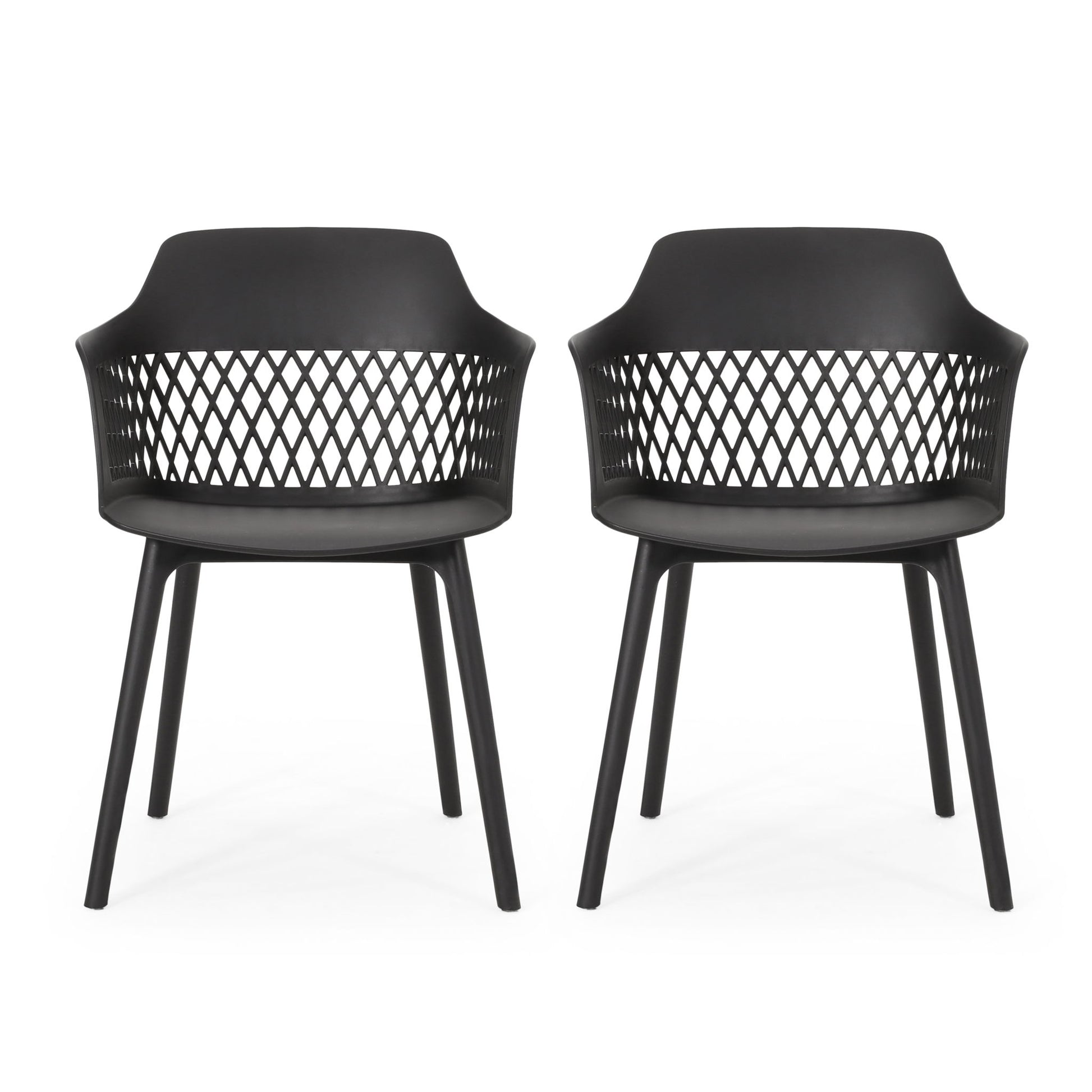 The Azalea Chair (Set of 2) features modern black plastic chairs with open-weave lattice backs, armrests, and four straight legs, shown side by side on a white background.