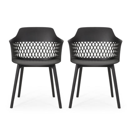 The Azalea Chair (Set of 2) features modern black plastic chairs with open-weave lattice backs, armrests, and four straight legs, shown side by side on a white background.
