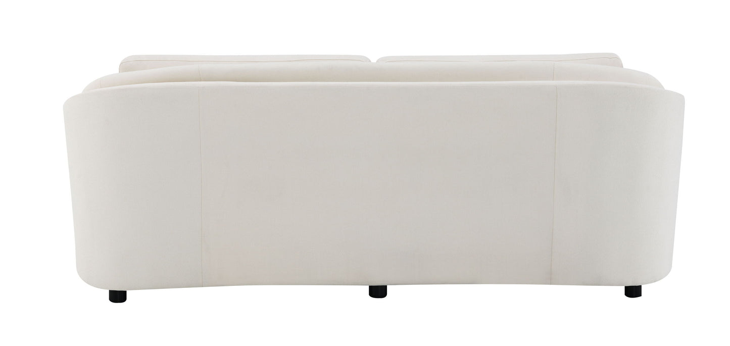 The Mariko Linen Sofa in beige, shown from the back, features a smooth, curved design with short black legs and includes 2 toss pillows.